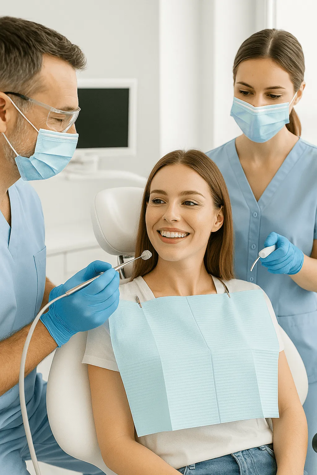 Dentist and assistant examining patient in dental chair during procedure